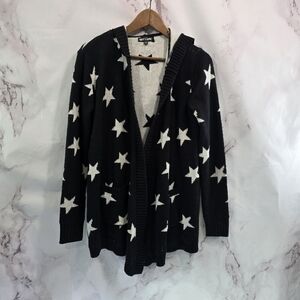 Hot Topic Cardigan Women Medium Black White Open Front Sweater Star Print Hood